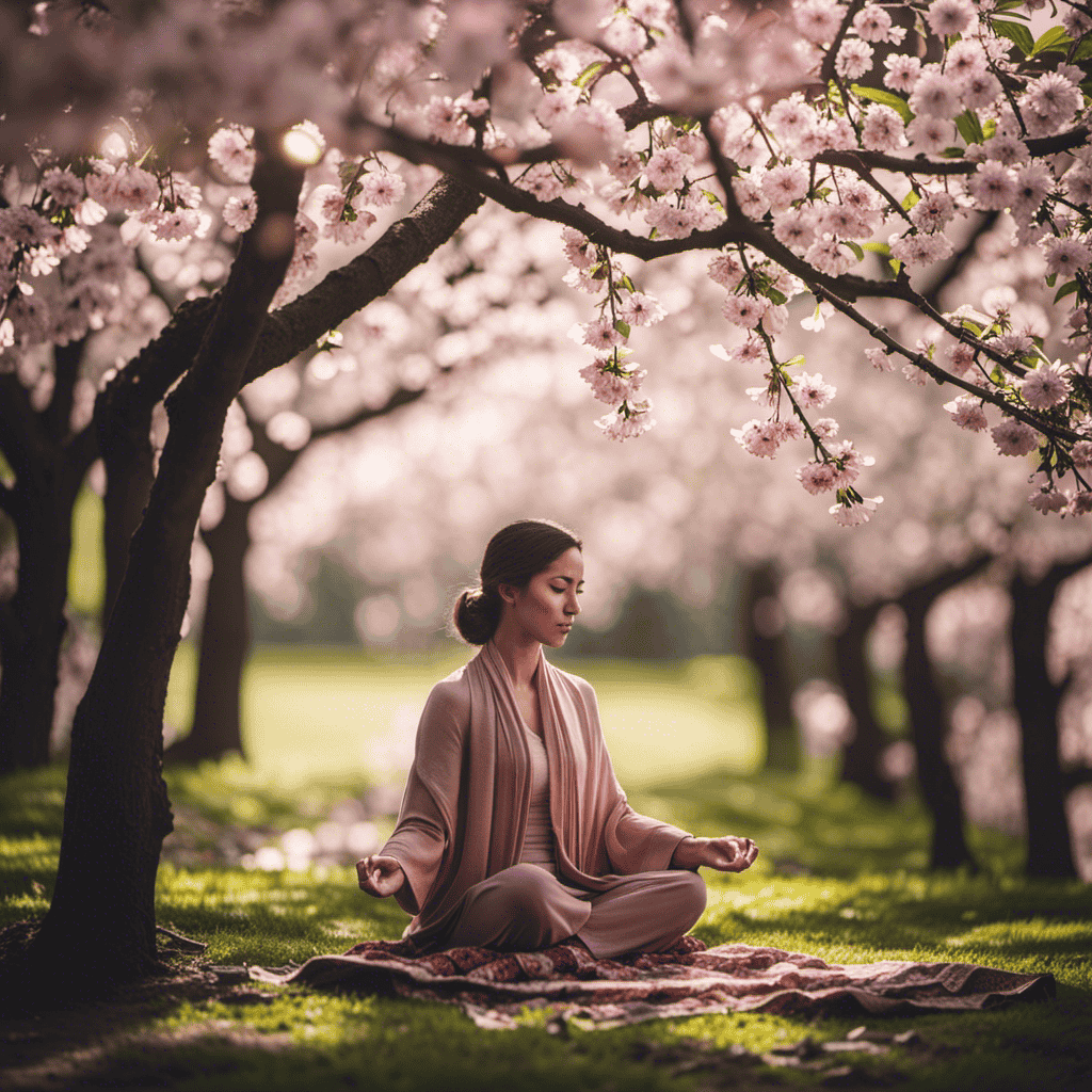 An image showcasing a serene garden setting with a person peacefully meditating under a blossoming cherry tree, while wearing a delicate meditation ring that glimmers in the sunlight