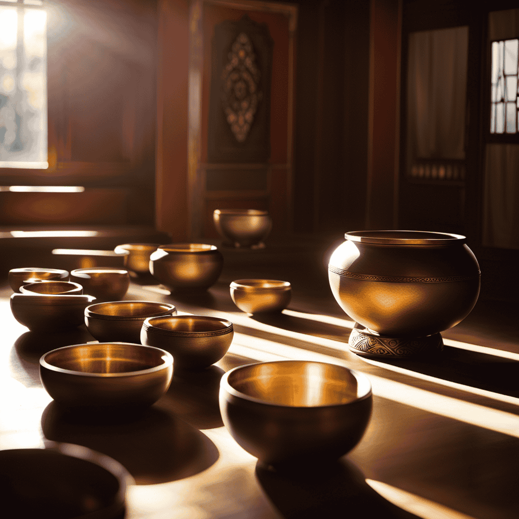 An image showcasing a serene setting: a sun-drenched room adorned with Tibetan Singing Bowls in various sizes, emitting ethereal vibrations