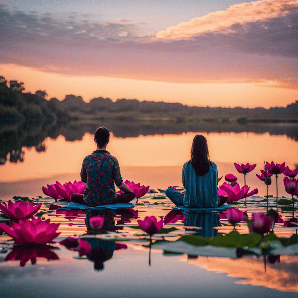 An image depicting a serene lakeside scene at sunrise, with a person sitting on a lotus flower-shaped meditation cushion, surrounded by vibrant blooming flowers, as gentle ripples on the water mirror their inner tranquility