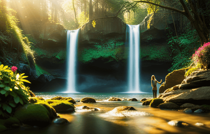 An image showcasing a person standing at the edge of a serene waterfall, surrounded by lush greenery