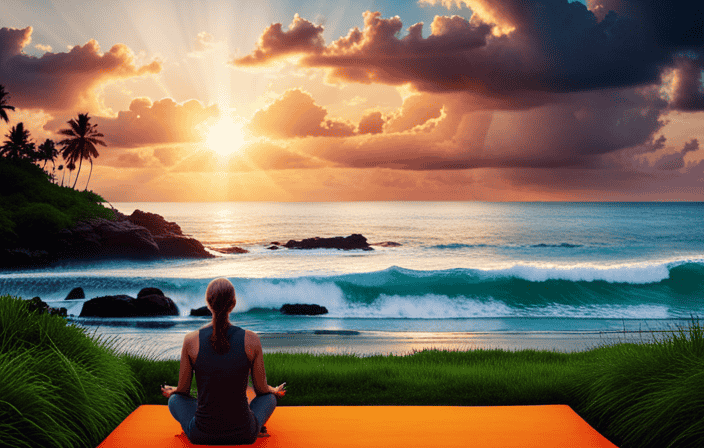 An image of a serene sunset beach, with a solitary figure sitting cross-legged on a vibrant orange mat, surrounded by lush greenery and peacefully meditating, showcasing the tranquility and inner peace that mindful meditation can bring
