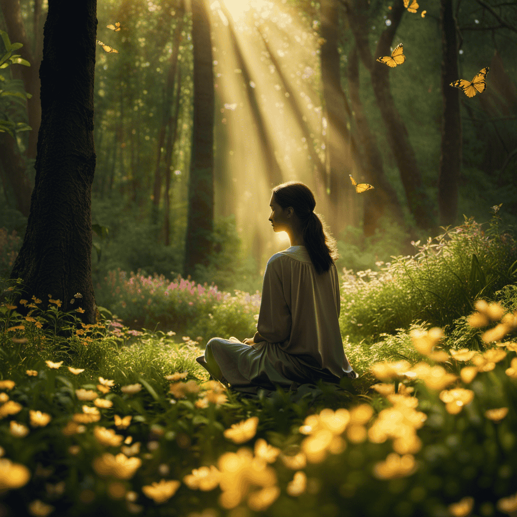 An image of a serene, lush forest with a secluded clearing, where a solitary figure sits cross-legged, bathed in golden sunlight