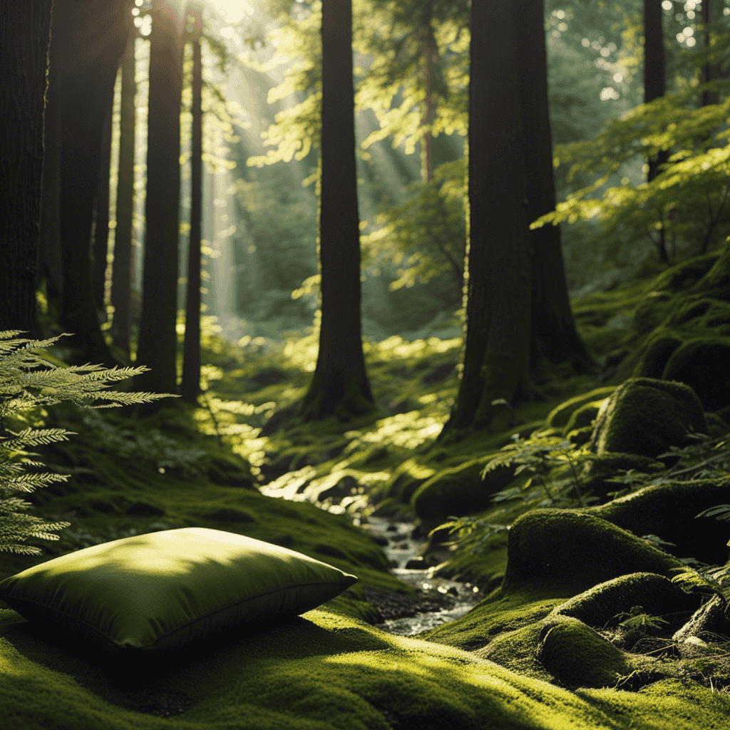 An image that showcases a serene outdoor scene: a secluded forest clearing surrounded by towering evergreen trees, dappled sunlight filtering through the leaves, with a peaceful stream gently flowing beside a moss-covered meditation cushion