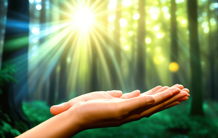 An image showcasing a vivid spectrum of colors, where ethereal rays of light shine through a dense forest, illuminating a person's outstretched hands, each adorned with unique symbols representing their diverse spiritual gifts
