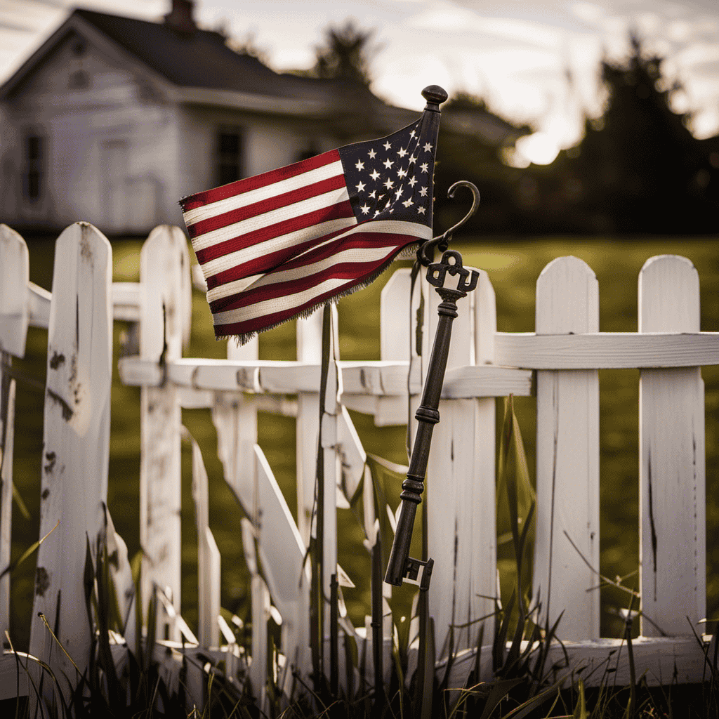 An image featuring a tattered American flag draped over a dilapidated white picket fence, with a broken key lying nearby