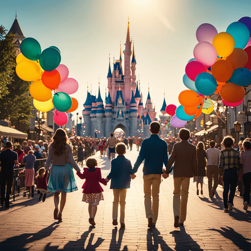 An image of a family holding hands and walking down Main Street USA with Cinderella's Castle in the background, surrounded by colorful balloons and characters waving in the foreground