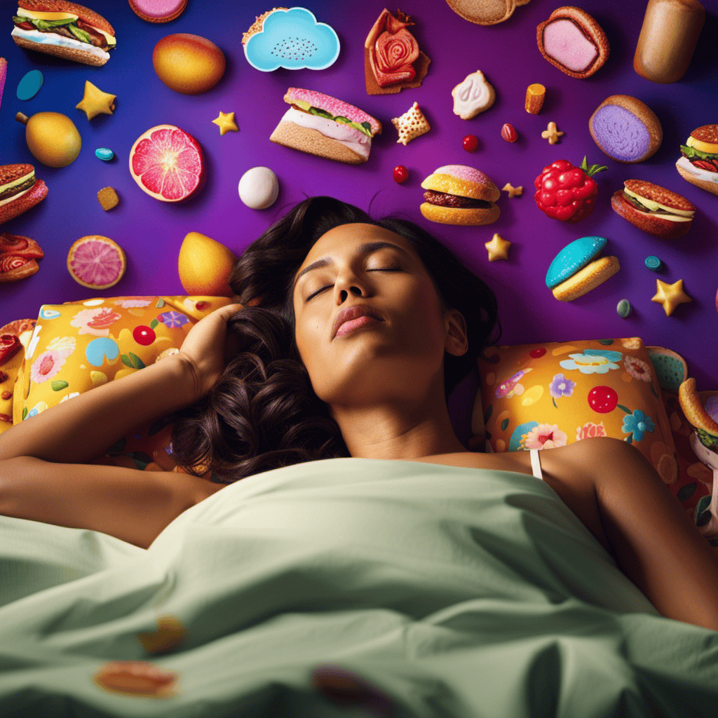 An image of a person sleeping in a bed with a thought bubble above their head filled with colorful, surreal images of food