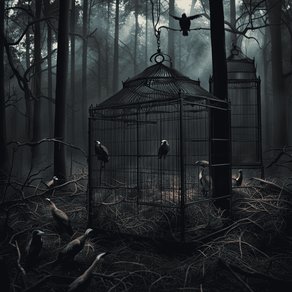 An image featuring a dark, mysterious forest where vultures with cages on their faces soar above, casting eerie shadows