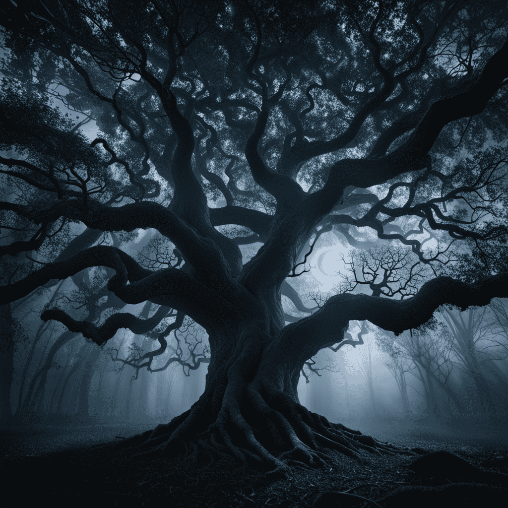 An image showcasing a moonlit forest, with a majestic oak tree at the center, its gnarled branches reaching towards the sky