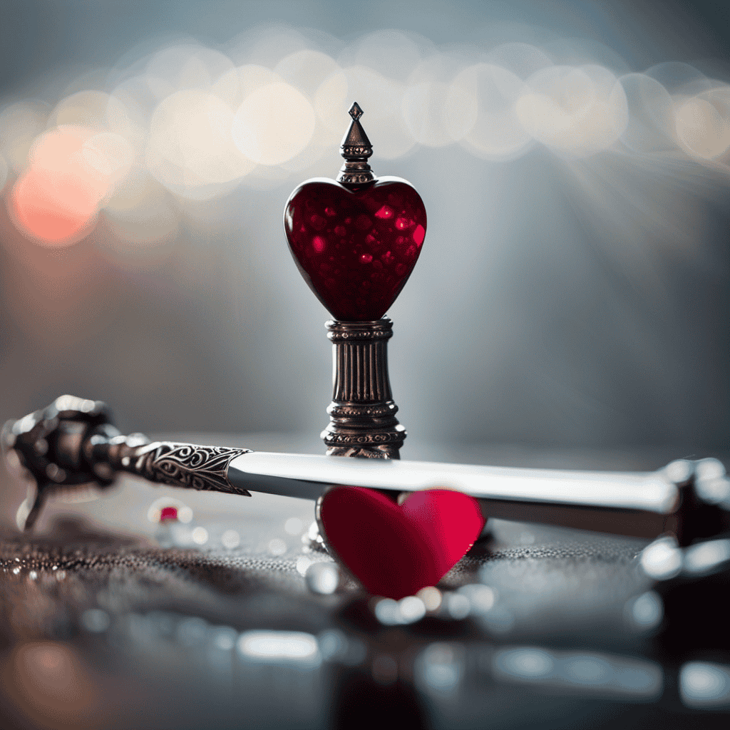 An image capturing the profound symbolism of a dream where a gleaming silver dagger, surrounded by ethereal mist, pierces a ruby-red heart, representing the enigmatic meaning behind stabbing someone in the heart