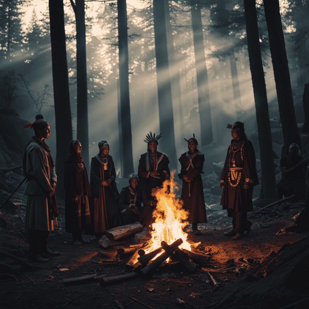An image depicting a mysterious dream scene: A shadowy forest clearing with a bonfire at its center, surrounded by individuals wearing distinct tribal attire, symbolizing different clans