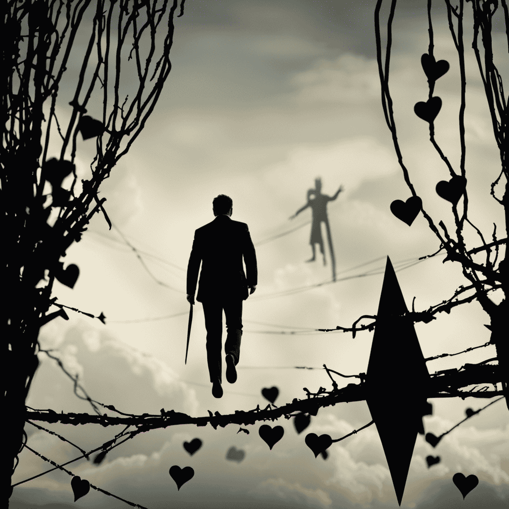 An image showcasing a silhouette of a father figure, surrounded by broken hearts and shattered trust, as he walks on a tightrope between two contrasting worlds, evoking the complex emotions of betrayal and deciphering symbolic meanings