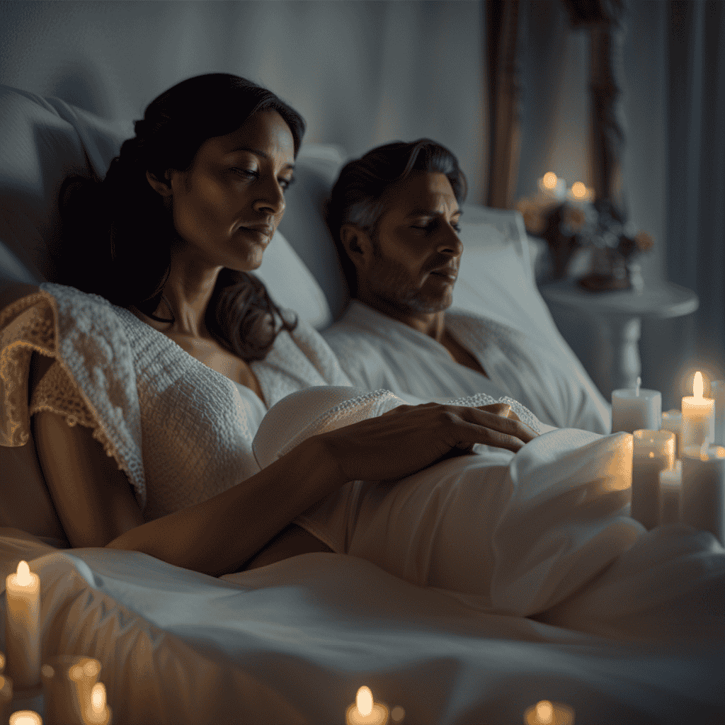 An image of a serene bedroom at dawn, where a grieving woman lies in bed, illuminated by a soft glow, while her deceased husband's ethereal figure gently cradles her, intertwining their fingers, evoking a sense of love, longing, and spiritual connection
