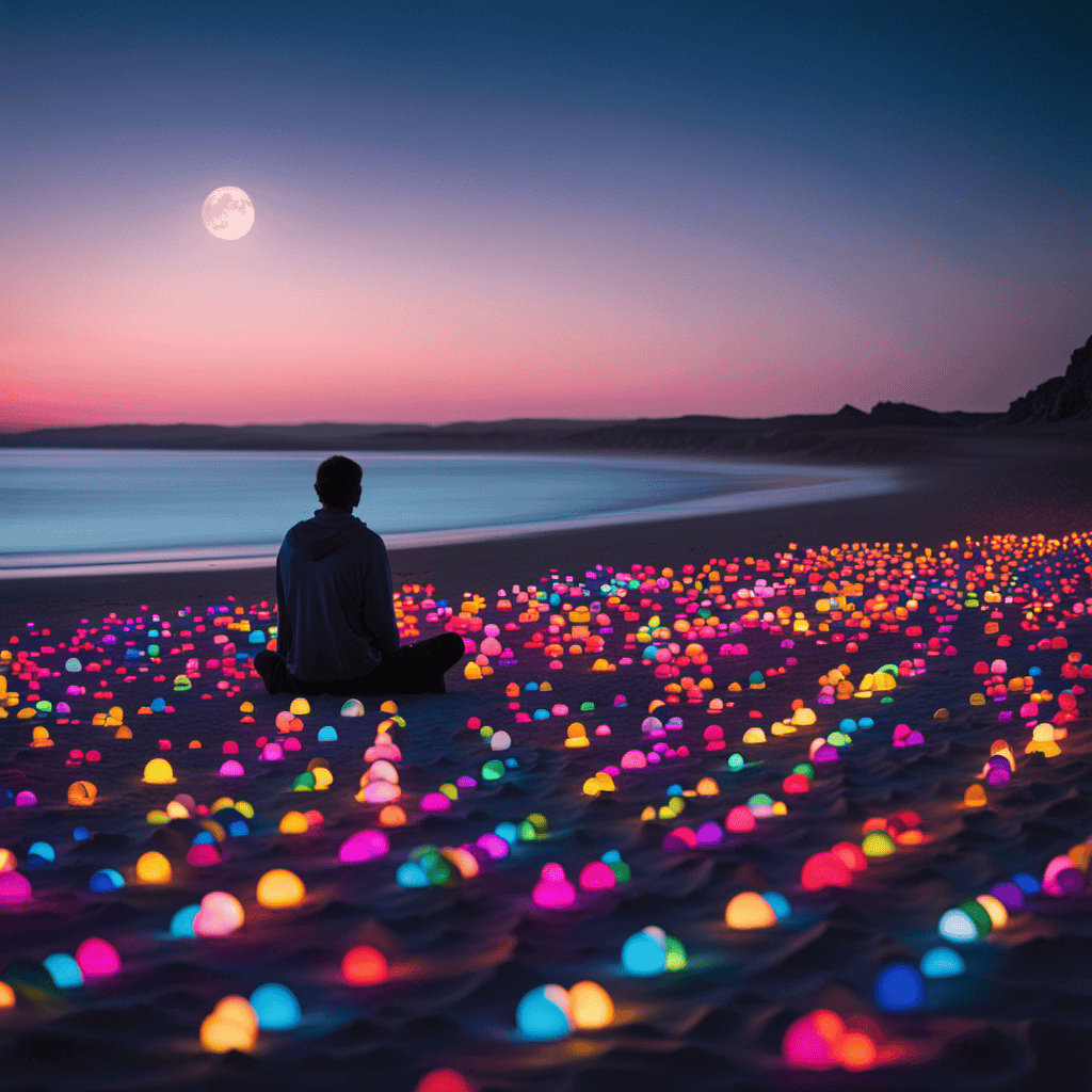 An image depicting a serene moonlit beach, where a solitary figure sits cross-legged, surrounded by numerous identical copies of themselves, each emanating a different colored aura, symbolizing diverse spiritual messages and the profound depths of dreams