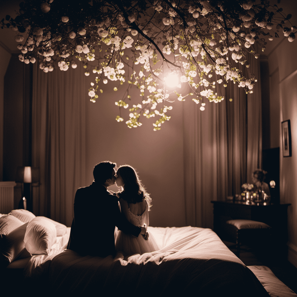 An image that showcases a serene moonlit bedroom with a blooming tree growing from the husband's belly, intertwining with the wife's hand as they both gaze at it with awe and anticipation