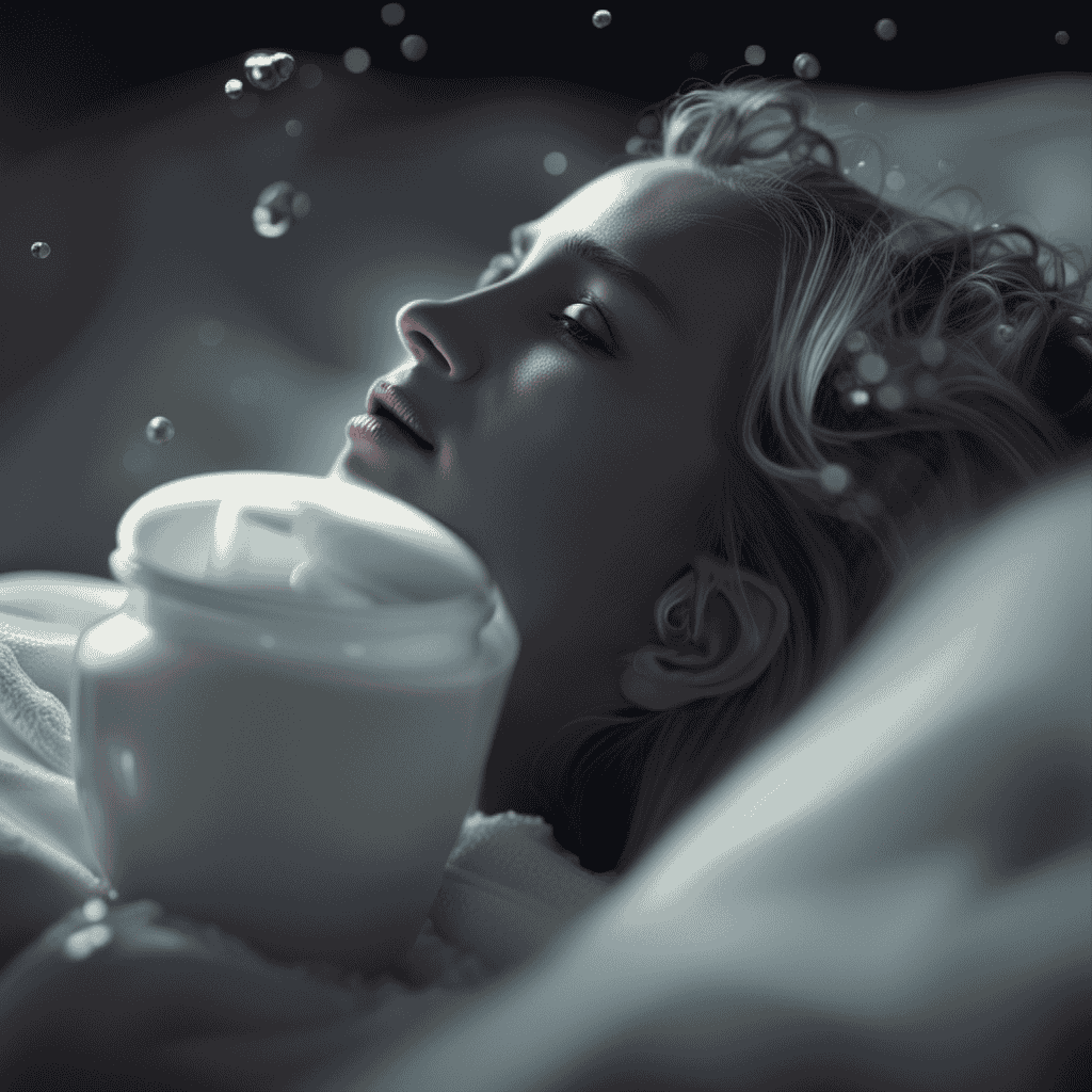 An image depicting a woman in bed, surrounded by swirling milk droplets and a ghostly infant nursing at her breast