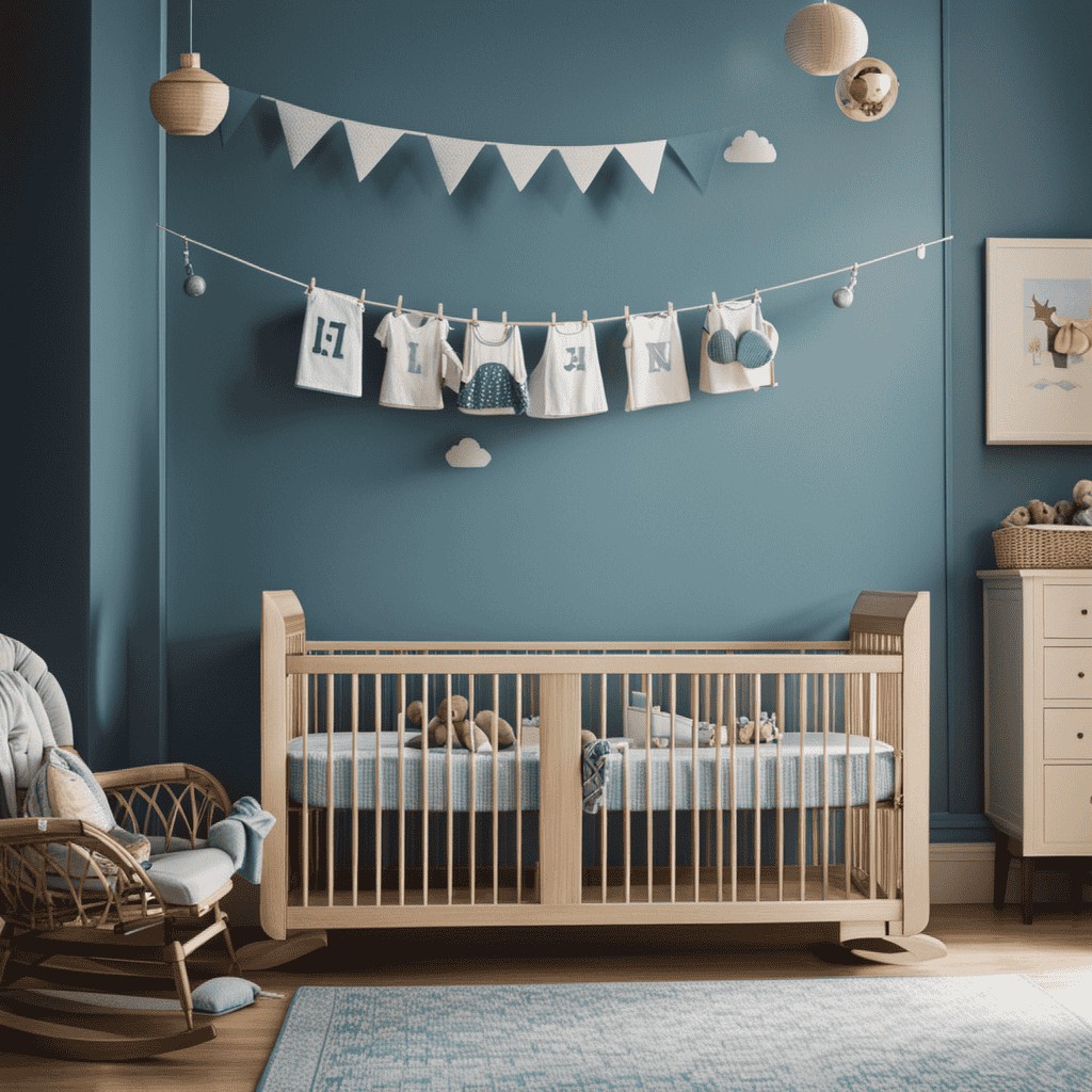 An image of a blue nursery with a crib, rocking chair, and baby boy clothes hanging on a line