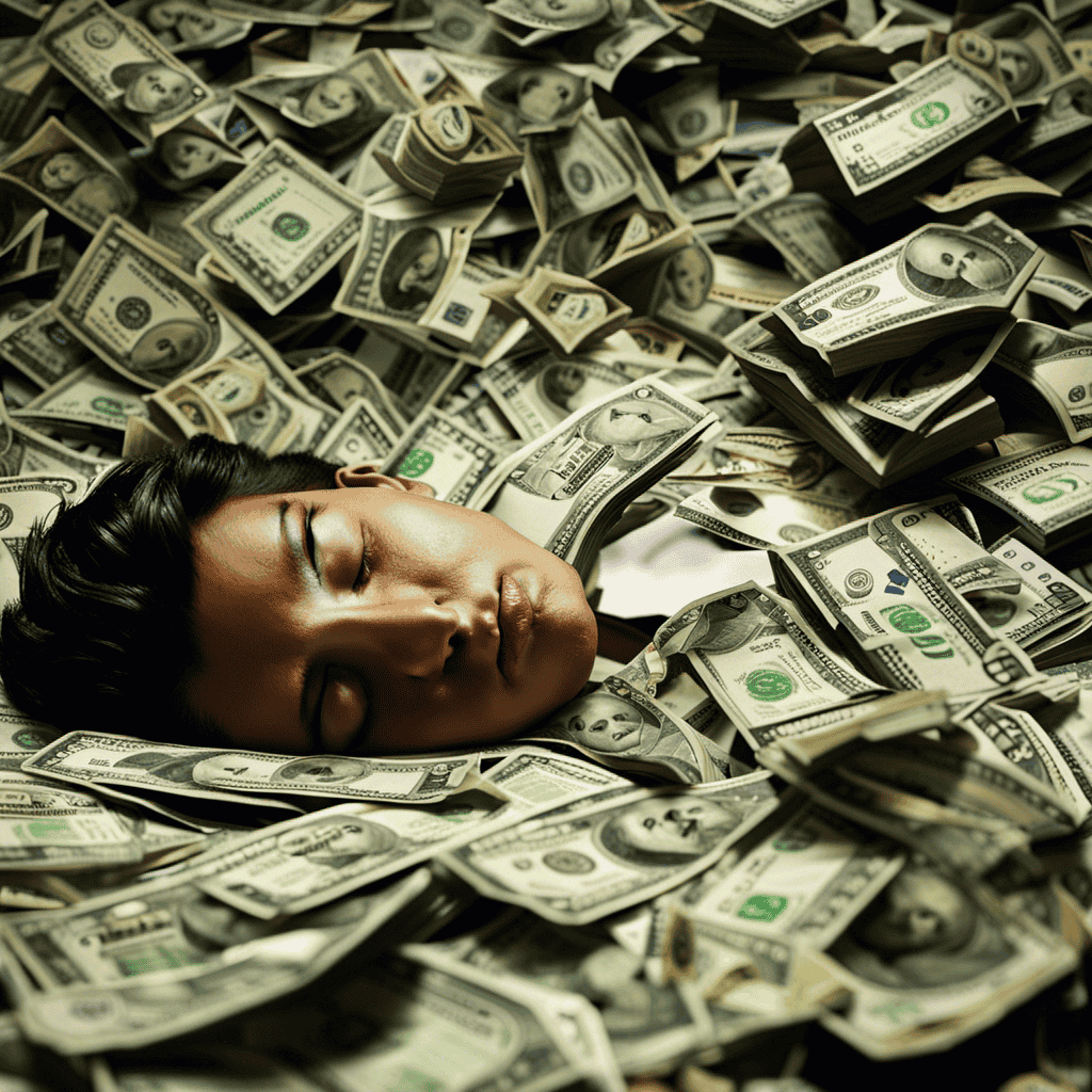 An image of a person sleeping on a bed of dollar bills, with a thought bubble above their head filled with various money-related symbols and objects