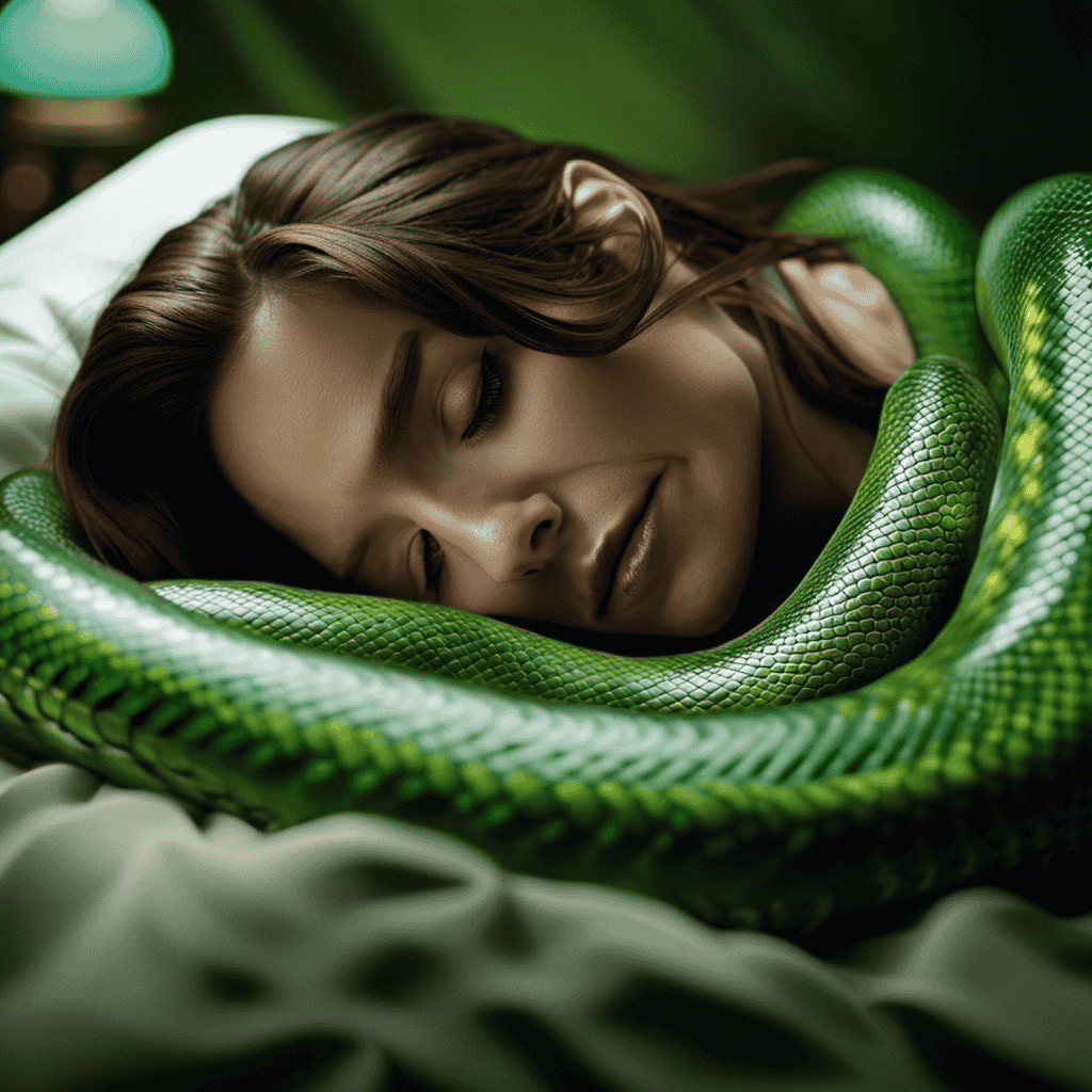 An image that depicts a person sleeping on a bed, with a large snake slithering around their body