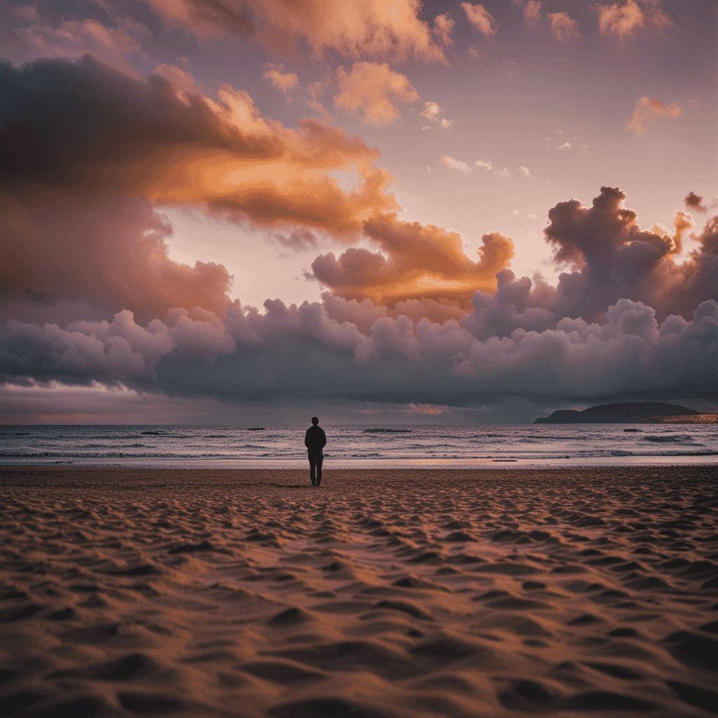 An image of a person standing alone on a beach at sunset, looking out at the horizon where a faint figure of their loved one appears in the clouds