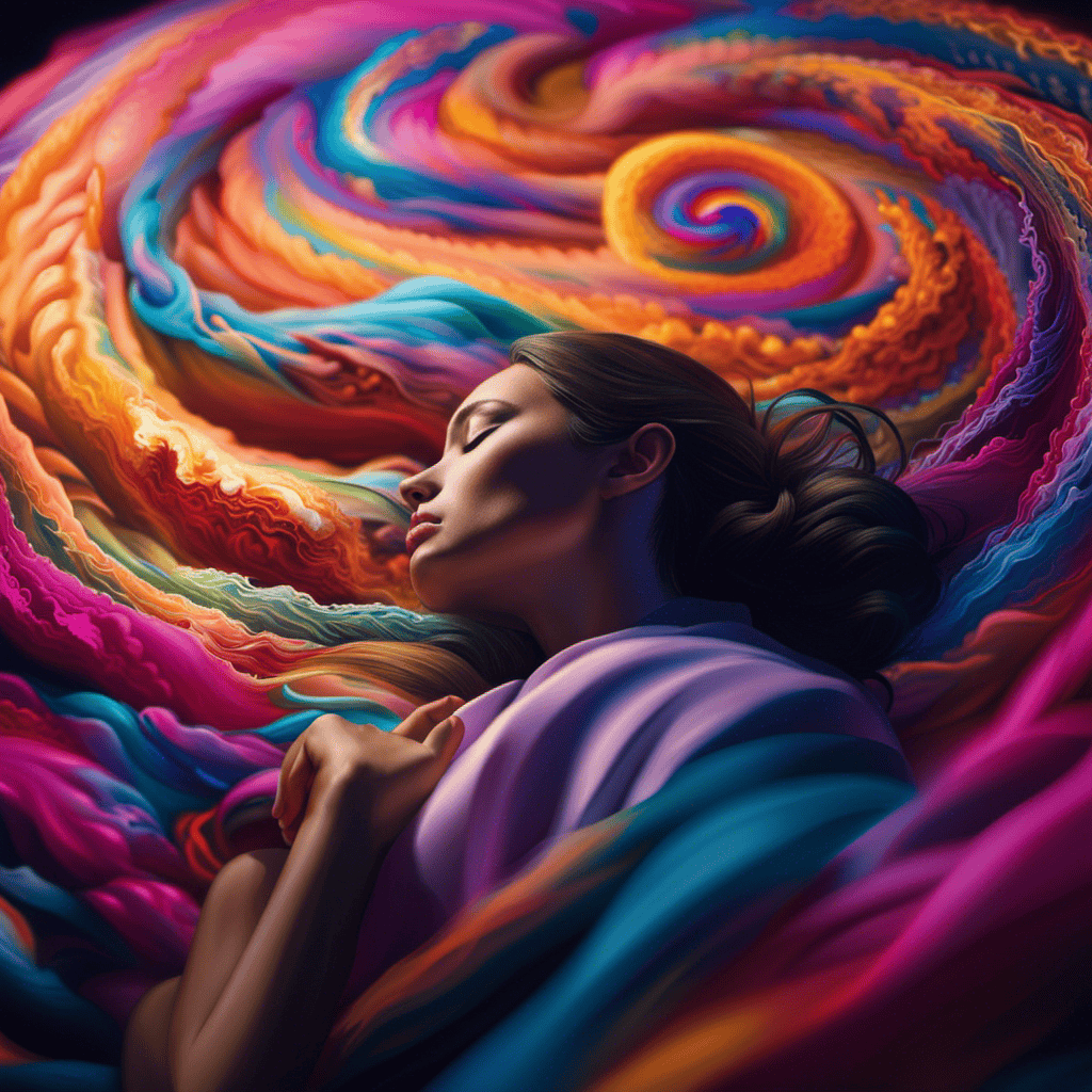 An image of a person sleeping peacefully, surrounded by a swirl of colorful, surreal dream imagery, inspired by the book Dreams And What They Mean To You