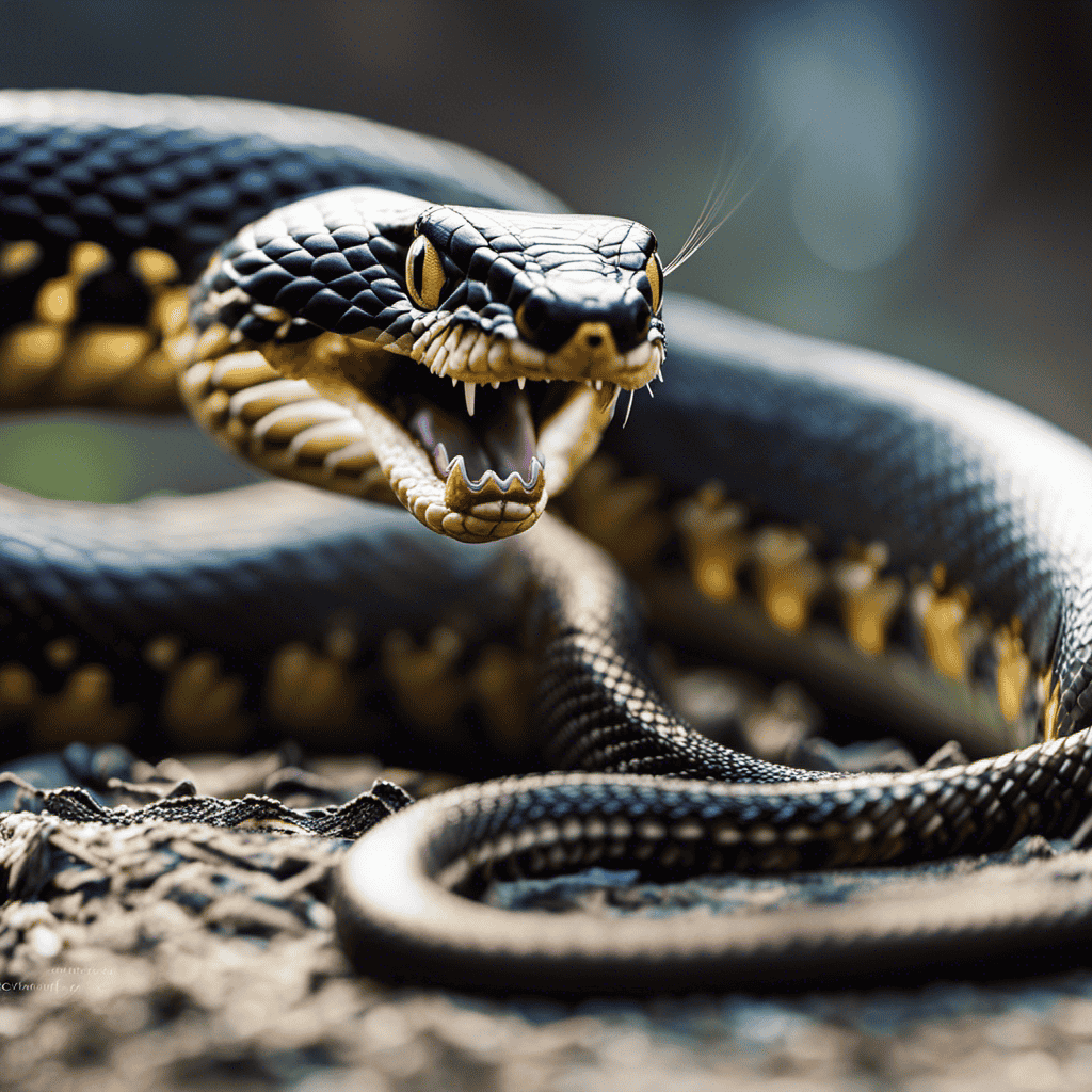 An image showcasing the intense confrontation between a sleek, venomous snake and a startled, defenseless cat
