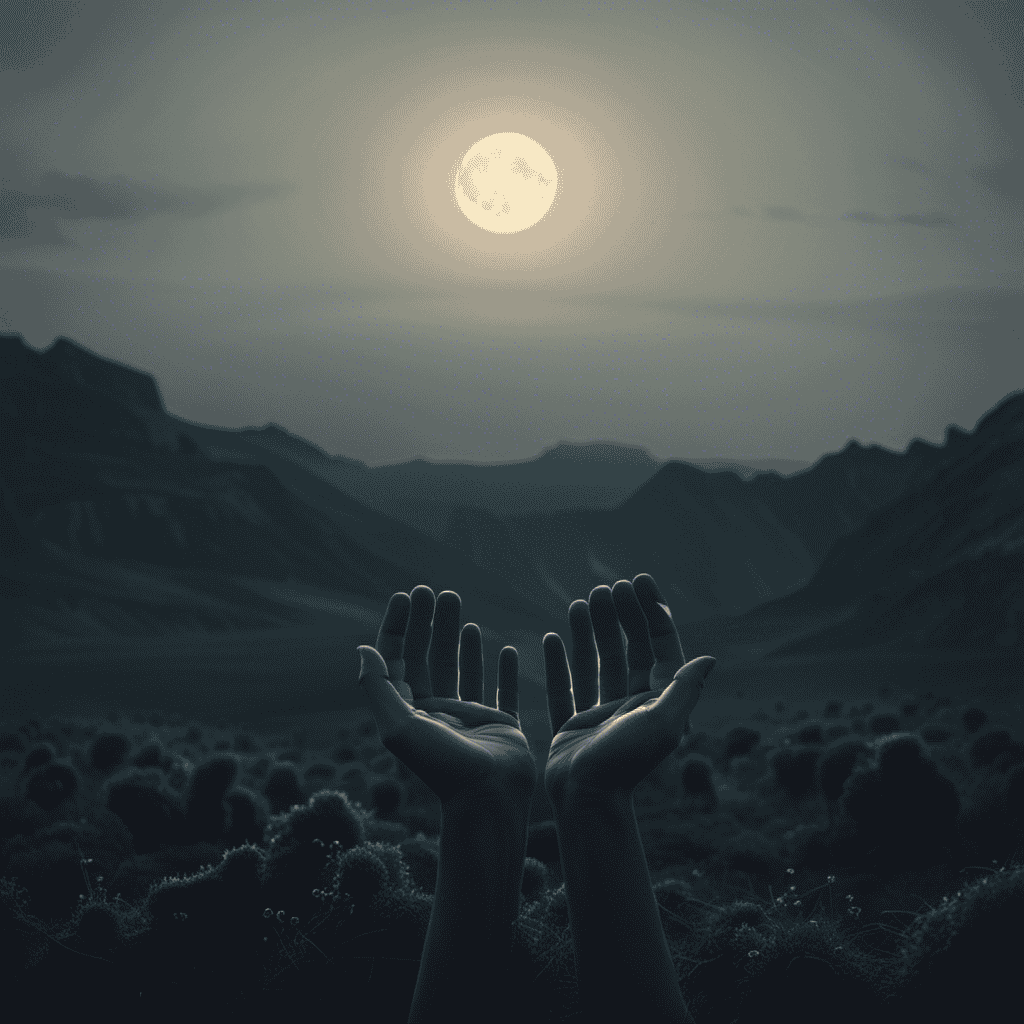 An image depicting a surreal landscape where disembodied hands float freely, illuminated by a haunting moonlight