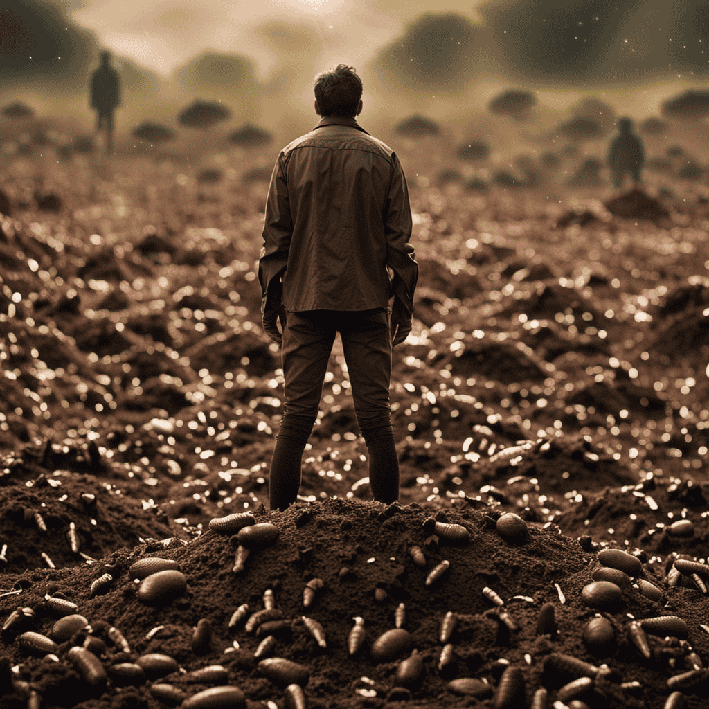 An image of a person standing in a field of feces, surrounded by flying insects and covered in a thick layer of mud, representing the confusion and anxiety that comes with dreaming of feces