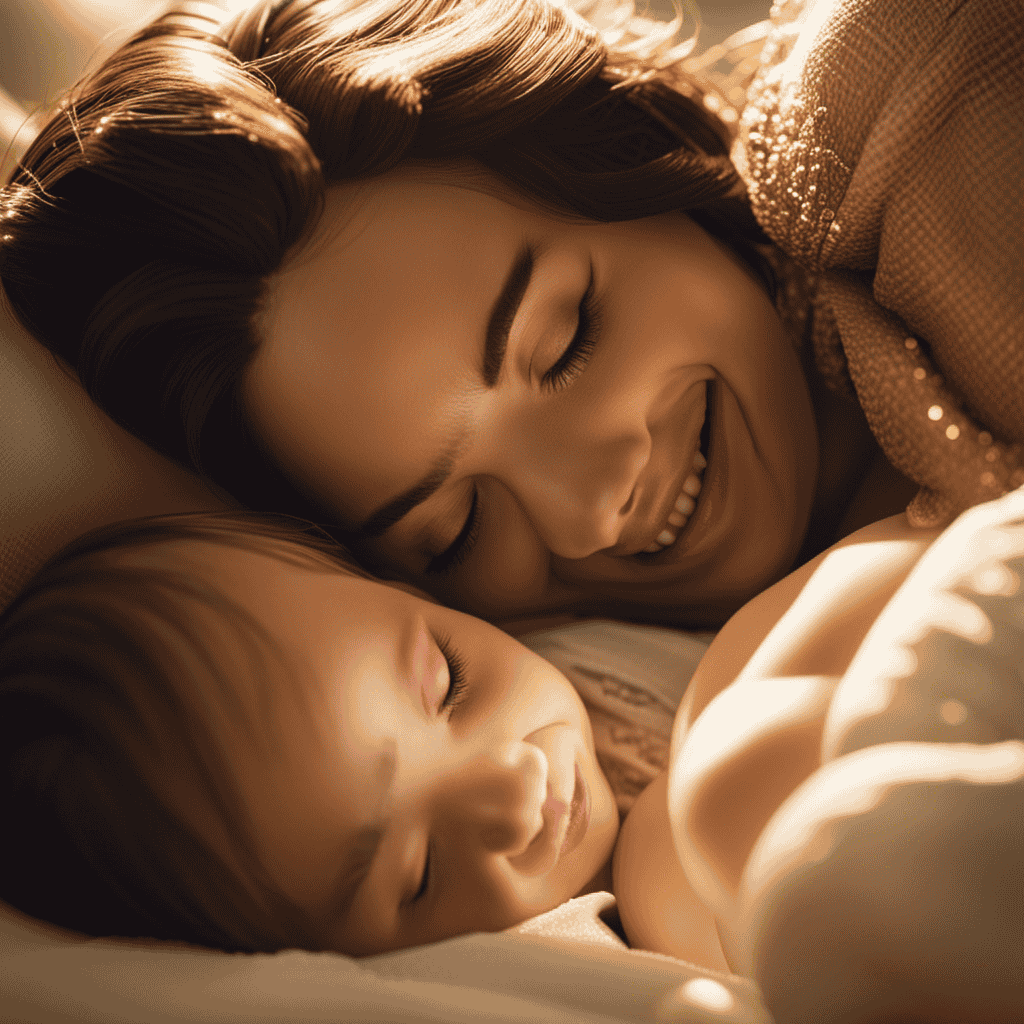 An image of a woman lying on a bed, her belly bulging with life, surrounded by a soft golden light, as she smiles blissfully, cradling the newborn in her arms