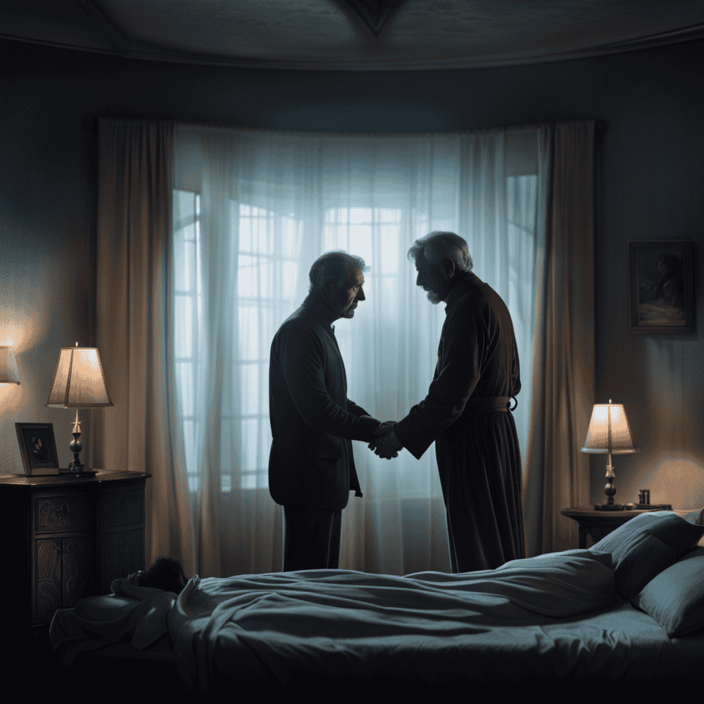 An image depicting a moonlit bedroom with a misty, ethereal figure of a deceased father standing beside a yearning dreamer, their arms outstretched in an intense and heartfelt embrace
