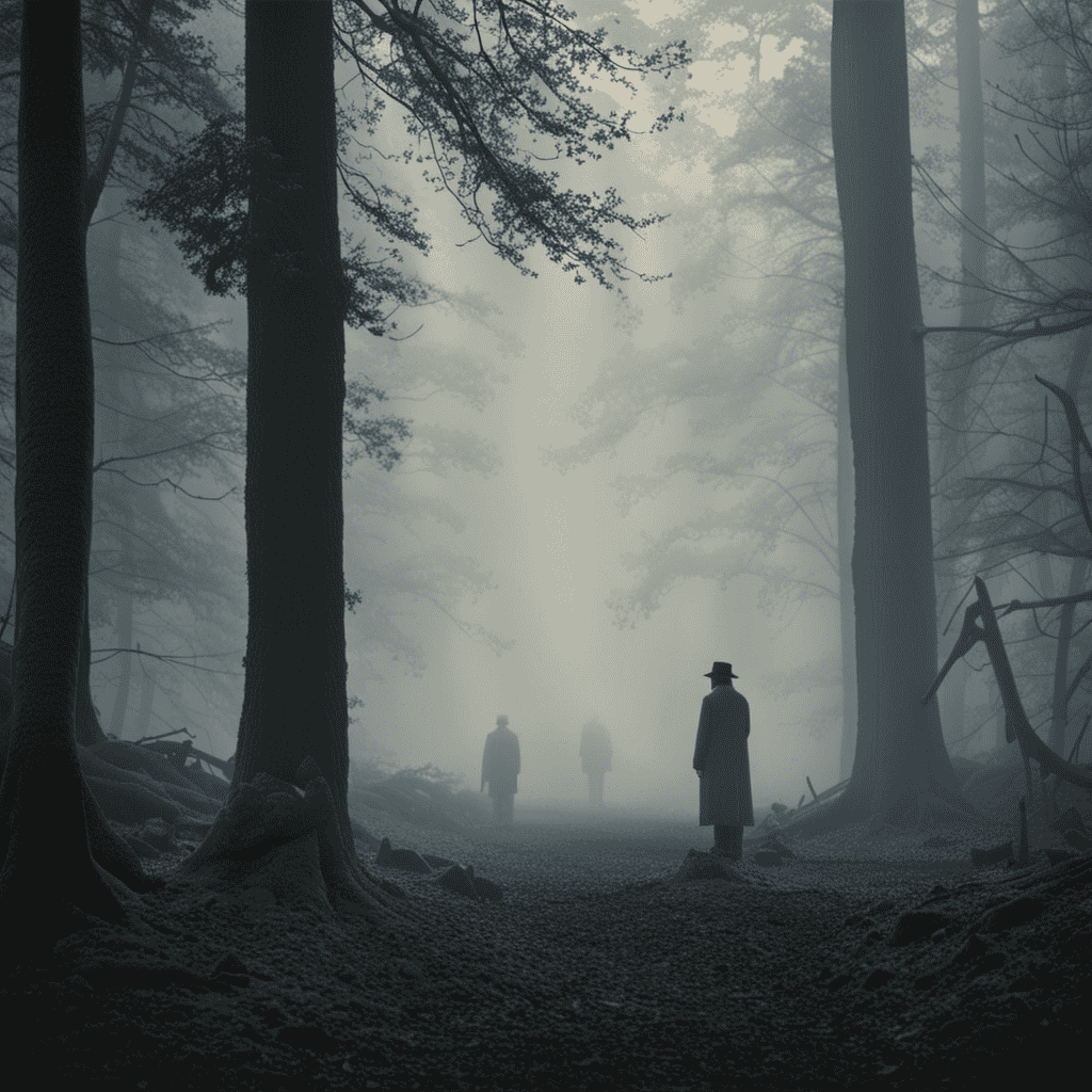 An image of a person standing in a misty forest, with a faint figure of a loved one who has passed away appearing in the background