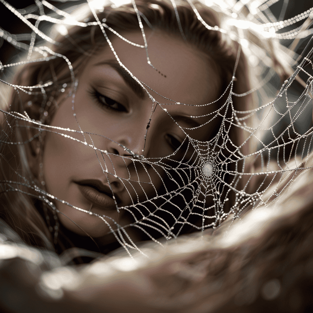 An image of a person sleeping in a tangled web of spider silk with spiders crawling all over their body