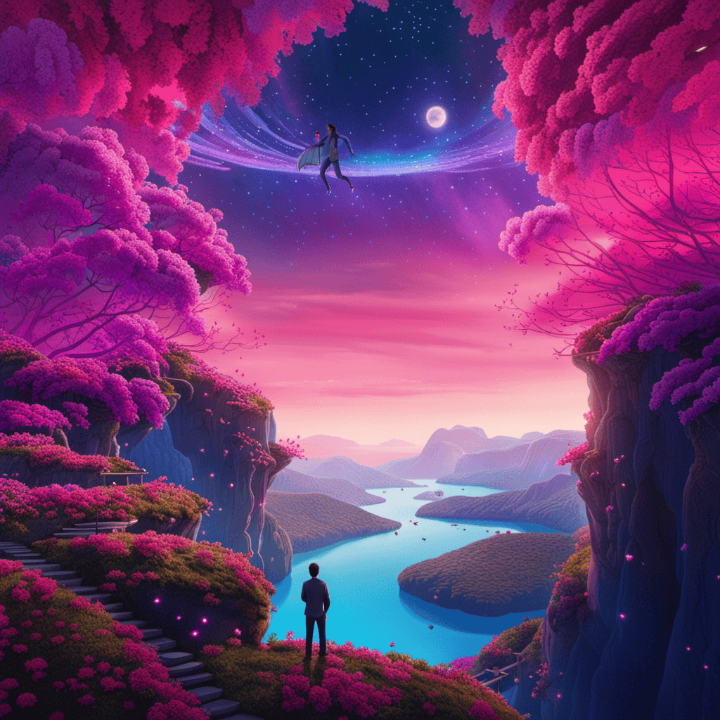 An image of a person standing on a cliff, looking out at a vast, surreal dreamscape filled with floating islands, twisting vines, and colorful creatures