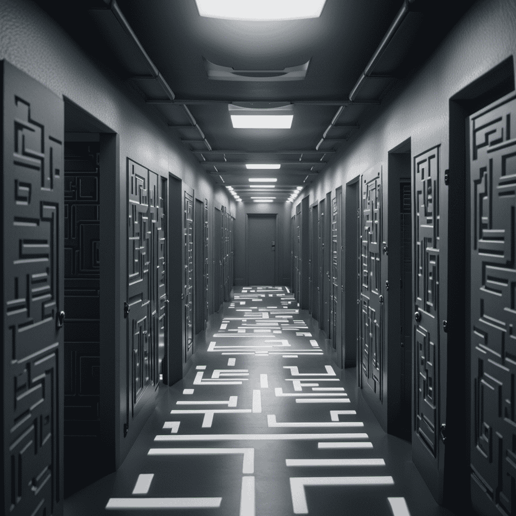 An image of a maze-like hallway with multiple doors and signs pointing in different directions