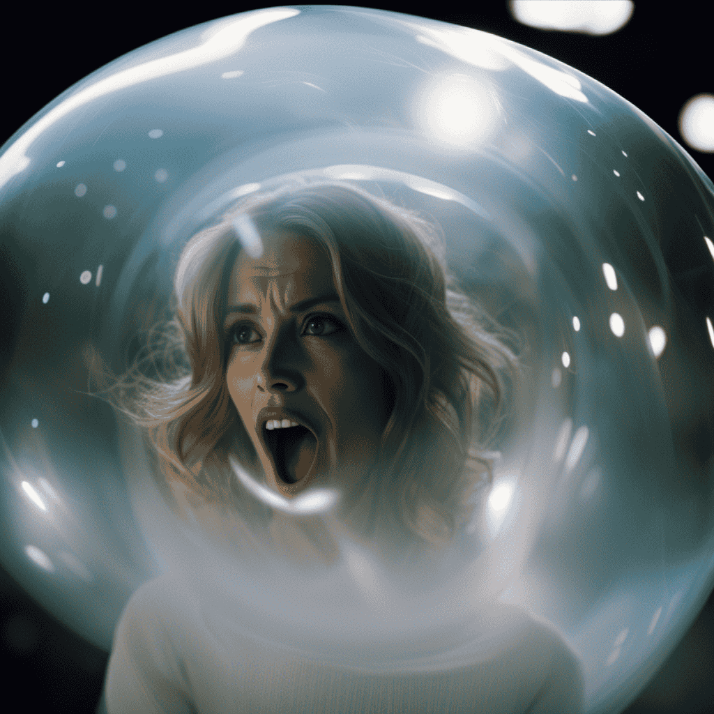 An image of a person trapped in a bubble, surrounded by darkness, with their mouth open in a silent scream and their limbs unable to move