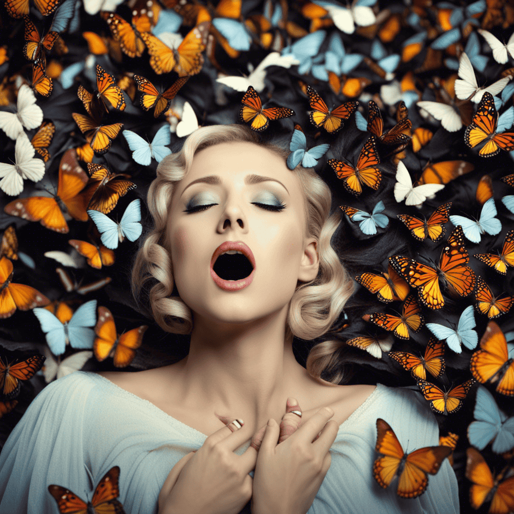 An image with a person's open mouth, but instead of a scream, a cloud of butterflies or a flock of birds fly out, representing the feeling of being trapped in a dream where you can't scream