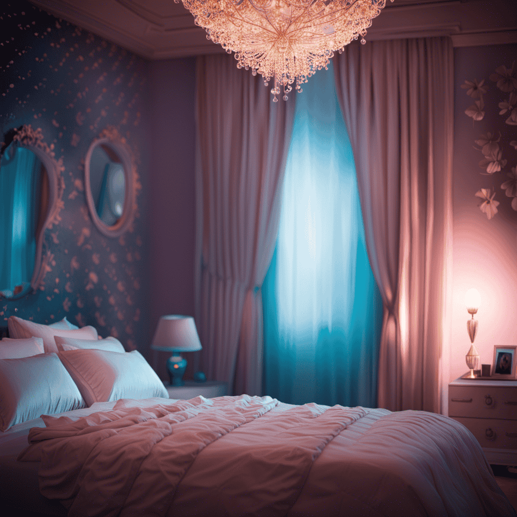 An image depicting a serene bedroom scene, with a peacefully sleeping individual surrounded by a surreal dreamscape