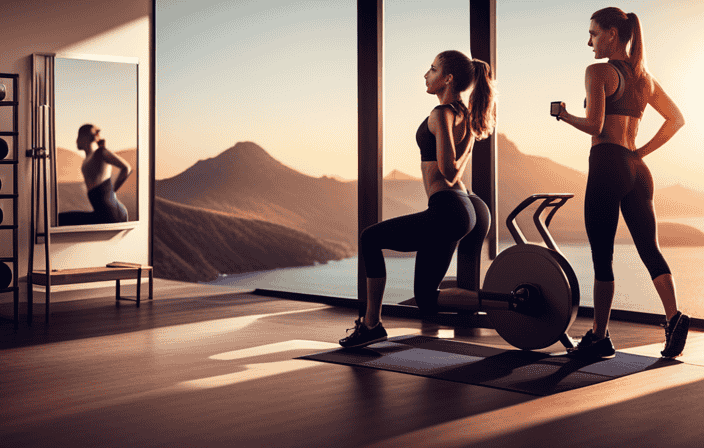 An image showcasing a sleek and compact home gym setup with a treadmill, adjustable dumbbells, resistance bands, and a yoga mat neatly organized against a backdrop of vibrant motivational posters and a mirror reflecting determination