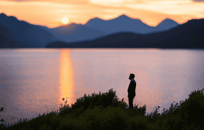 An image of a solitary figure, standing at the edge of a serene lake, surrounded by towering mountains