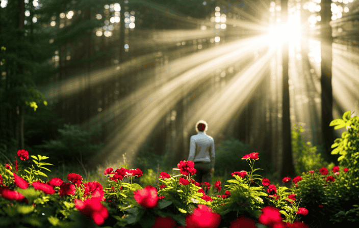 An image of a person standing at the edge of a serene forest, surrounded by vibrant flowers and lush greenery