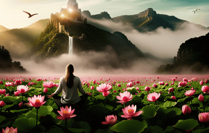 An image that captures the essence of spiritual awakening: a solitary figure bathed in ethereal light, sitting cross-legged atop a mist-covered mountain, surrounded by blooming lotus flowers and soaring birds