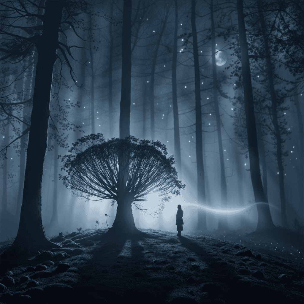 An image of a misty moonlit forest, where a figure stands at a tree's base, holding an ethereal thread that connects to a constellation, symbolizing the journey of unraveling dream meanings and finding solace in embracing a deceased father
