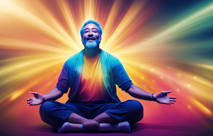 An image of a serene meditator sitting cross-legged, radiating a peaceful aura