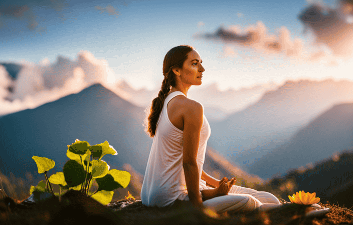 An image capturing the essence of empowerment in yoga practice through the depiction of a vibrant lotus flower blooming amidst a serene and majestic mountain landscape, emanating pure energy and spiritual growth