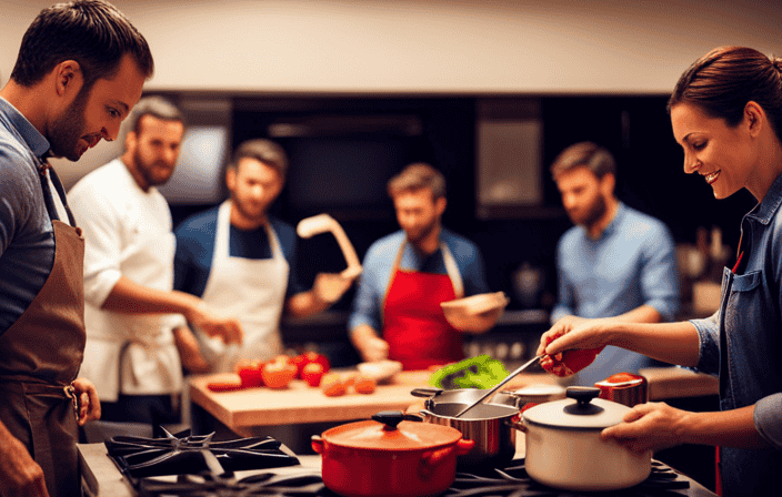 An image that showcases a group of people cooking together in a vibrant kitchen, surrounded by colorful ingredients, utensils, and the delicious aroma of food filling the air