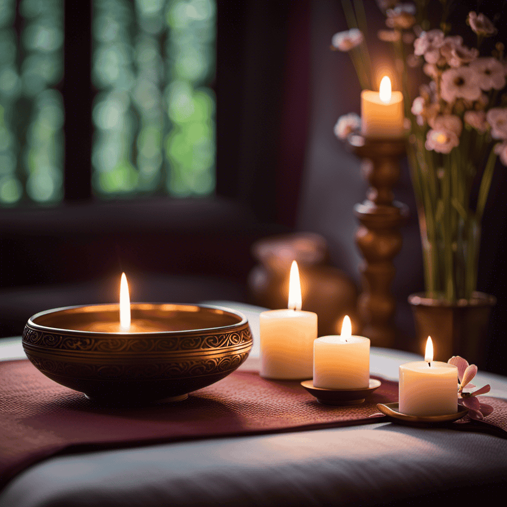 An image capturing the serenity of a meditation space, featuring an intricately handcrafted singing bowl placed on a soft cushion, surrounded by flickering candlelight, blooming flowers, and a tranquil view of nature