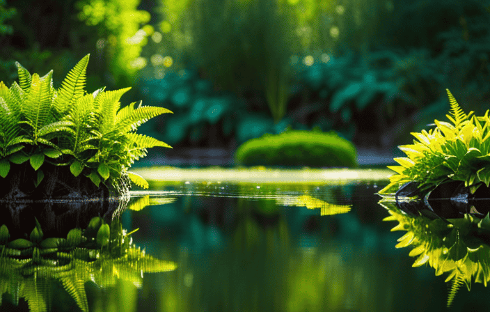 An image showcasing a lush, vibrant garden with an array of emerald leaves, delicate ferns, and blooming flowers, nestled amidst a tranquil pond reflecting the shimmering green foliage, evoking a sense of balance, growth, and serenity
