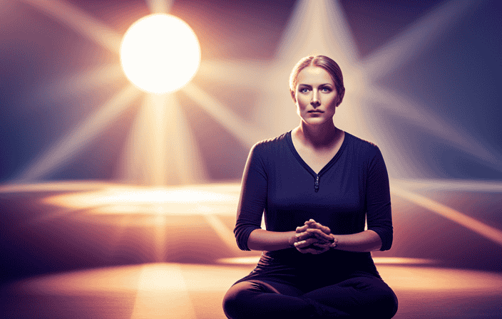 An image of a serene meditator in a sunlit room, surrounded by a circle of vibrant crystals