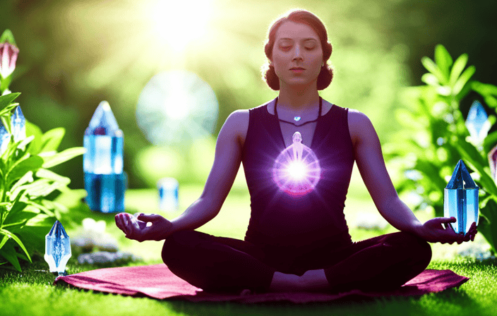 An image featuring a serene meditator in a lush, sunlit garden, surrounded by a carefully arranged circle of vibrant healing crystals