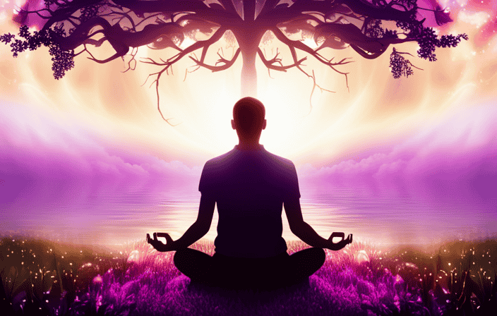 An image showcasing a person meditating under a radiant tree, their aura expanding in vibrant hues of gold and violet, as energy swirls around them, illuminating their path towards personal growth and projection